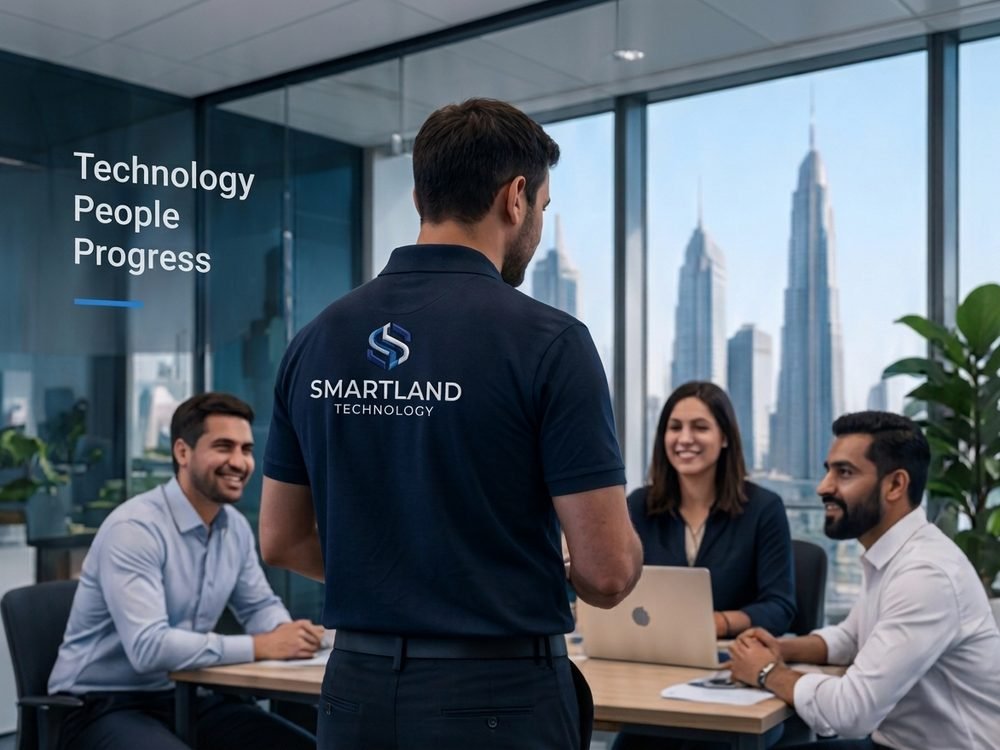 Meeting room in a Dubai office with a wall display reading "Technology builds better businesses"