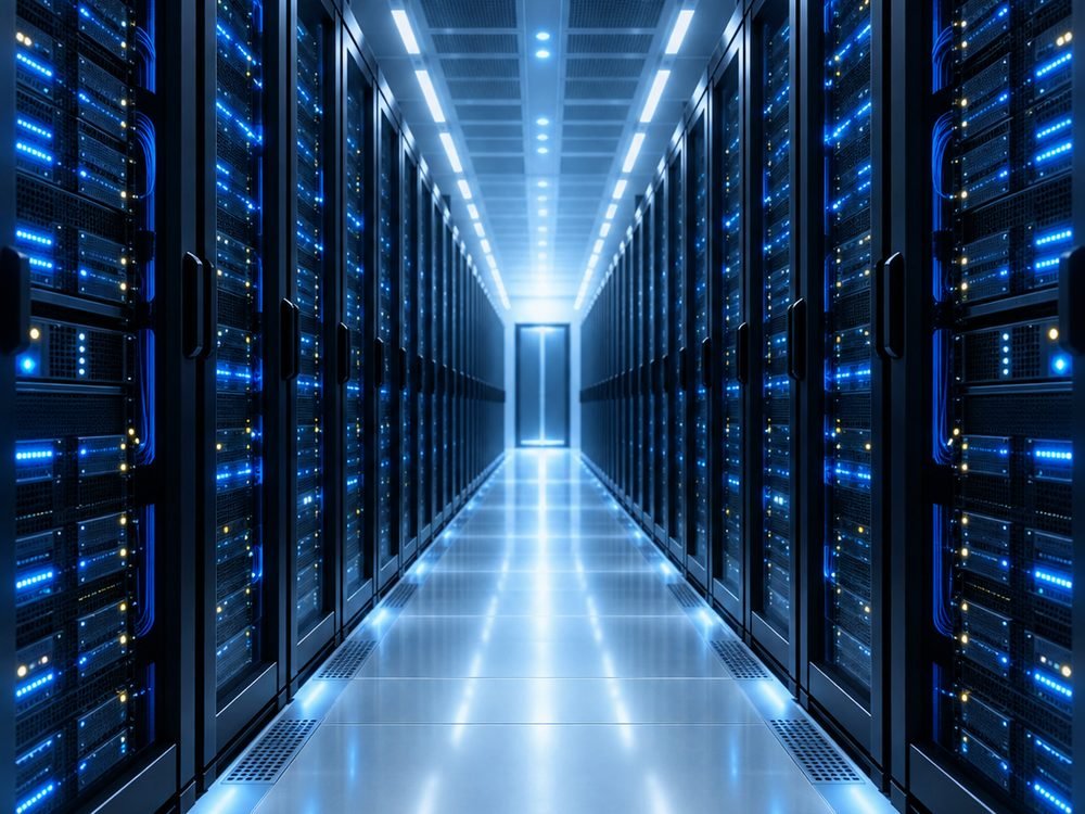 Data centre aisle with organised server racks and overhead cable containment