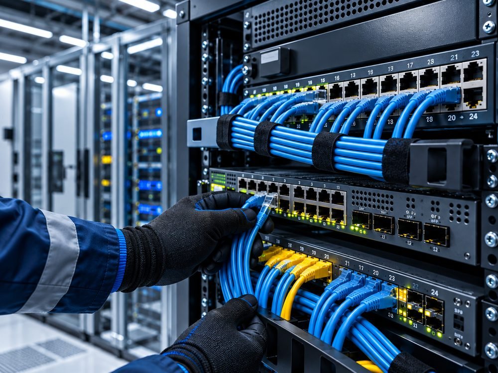 Enterprise network rack with structured patching and a technician verifying switch connections