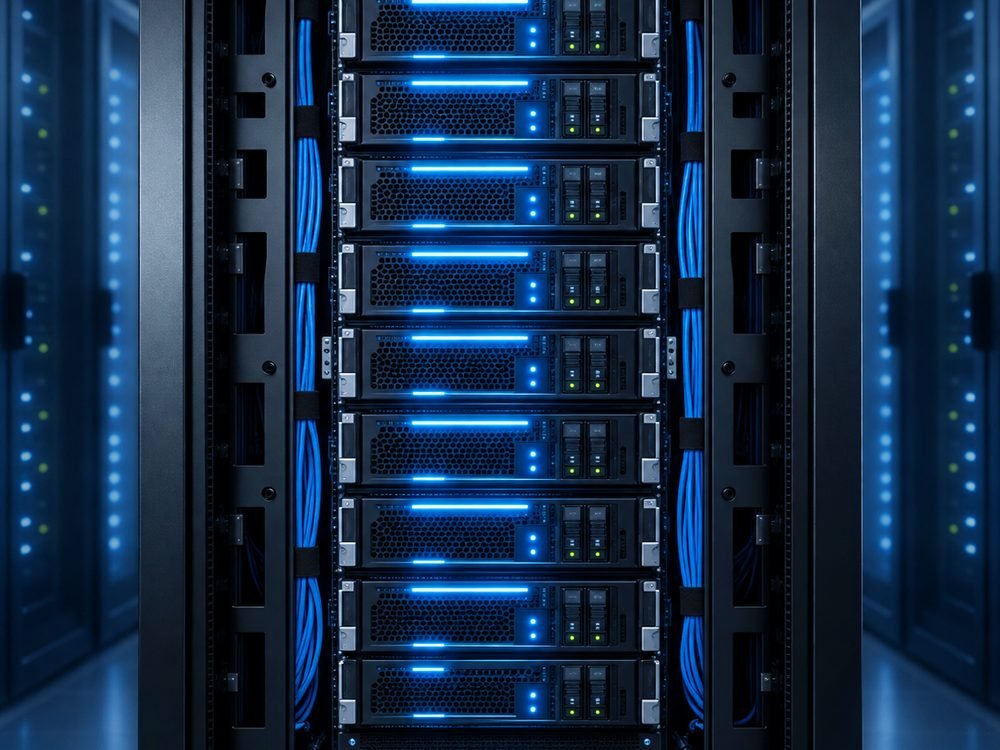 Modern server room with rack-mounted servers and cable management