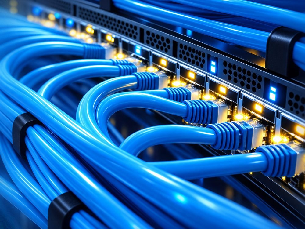 Technician terminating network cabling into a patch panel with organised cable management