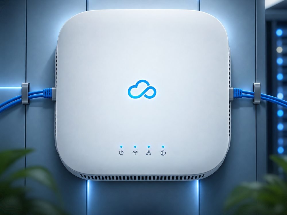 Modern open-plan office with a ceiling-mounted enterprise wireless access point